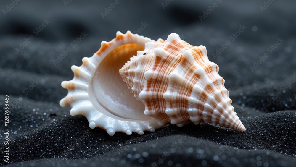 Close Up of a Beautiful Seashell on Black Sand Beach with Copy Space for Text Ideal for Nature or Coastal Theme Projects Close Up of a Beautiful Seashell on Black Sand Beach with Copy Space for Text Ideal for Nature or Coastal Theme Projects