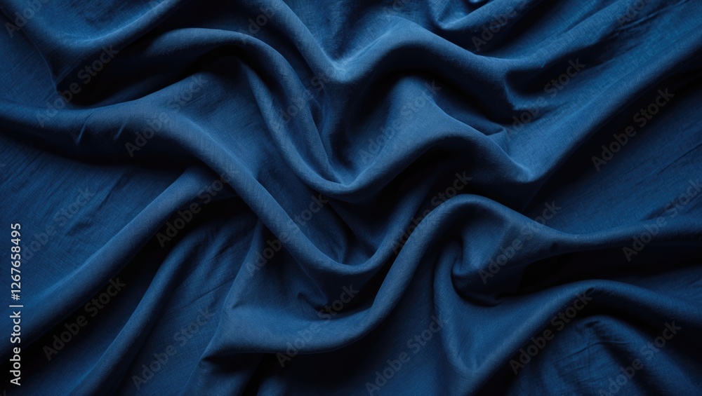 Fototapeta premium Elegant dark blue abstract fabric background featuring soft flowing waves and rich texture for design and artistic applications.