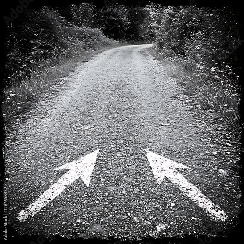 Diverging Paths Directional Dilemma on Gravel Road with Arrows Leading Forward Navigation