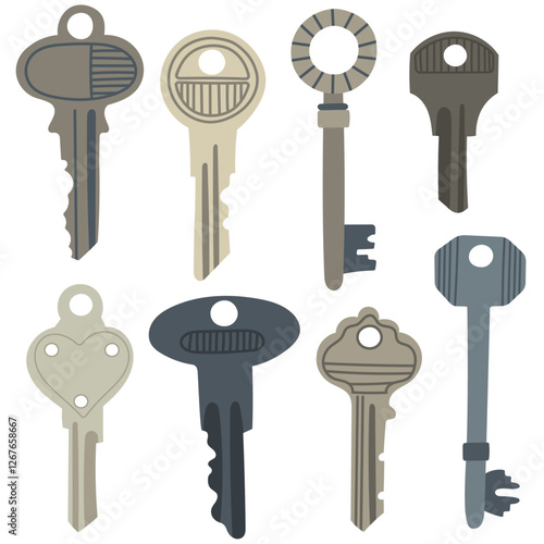 Set of keys in various shapes and sizes for unlocking doors,  for security and home-themed designs.House, apartment or room locking accessories.
