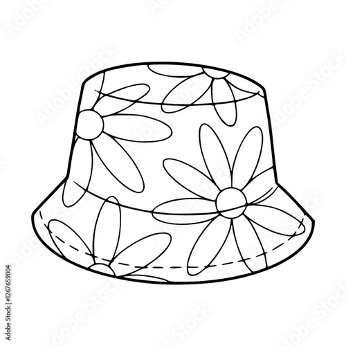 a black and white drawing of a summer bucket hat for coloring pages