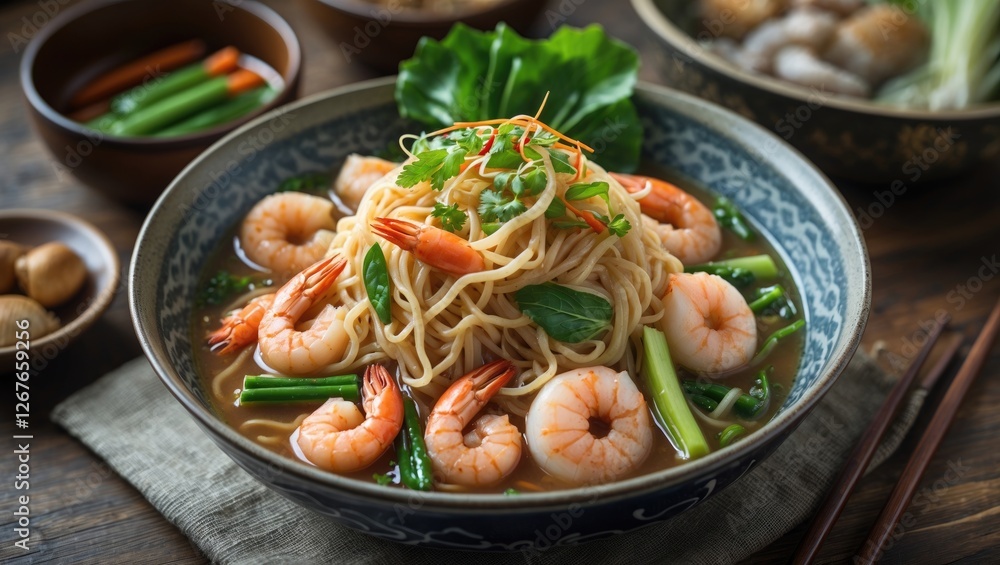 Delicious Champon Noodle Bowl with Fresh Seafood, Vegetables, and Aromatic Herbs in a Traditional Setting. Delicious Champon Noodle Bowl with Fresh Seafood, Vegetables, and Aromatic Herbs in a Traditional Setting.