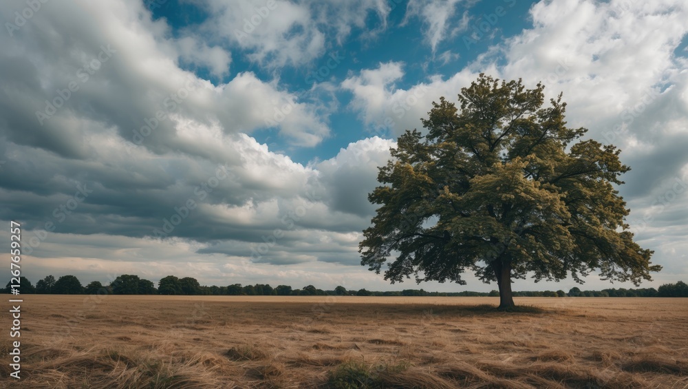 Dramatic Cloudy Sky Overvast Field With Lush Tree Symbolizing Nature's Beauty and Serenity in Rural Landscape. Dramatic Cloudy Sky Overvast Field With Lush Tree Symbolizing Nature's Beauty and Serenity in Rural Landscape.
