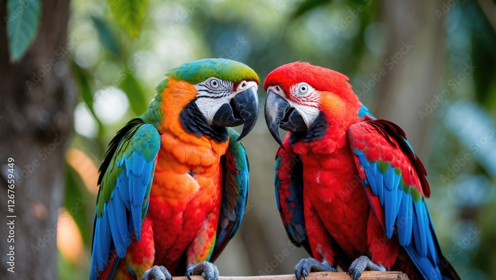 Couple of vibrant green-winged and scarlet macaws perched close together with nature background and space for text or branding. Couple of vibrant green-winged and scarlet macaws perched close together with nature background and space for text or branding.