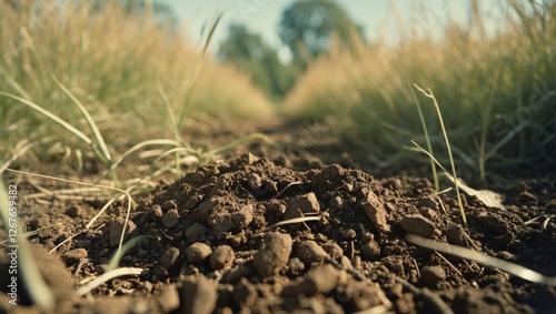 Closeup of dry grass and rich brown soil texture highlighting earthy details in a natural outdoor setting during sunny weather. photo