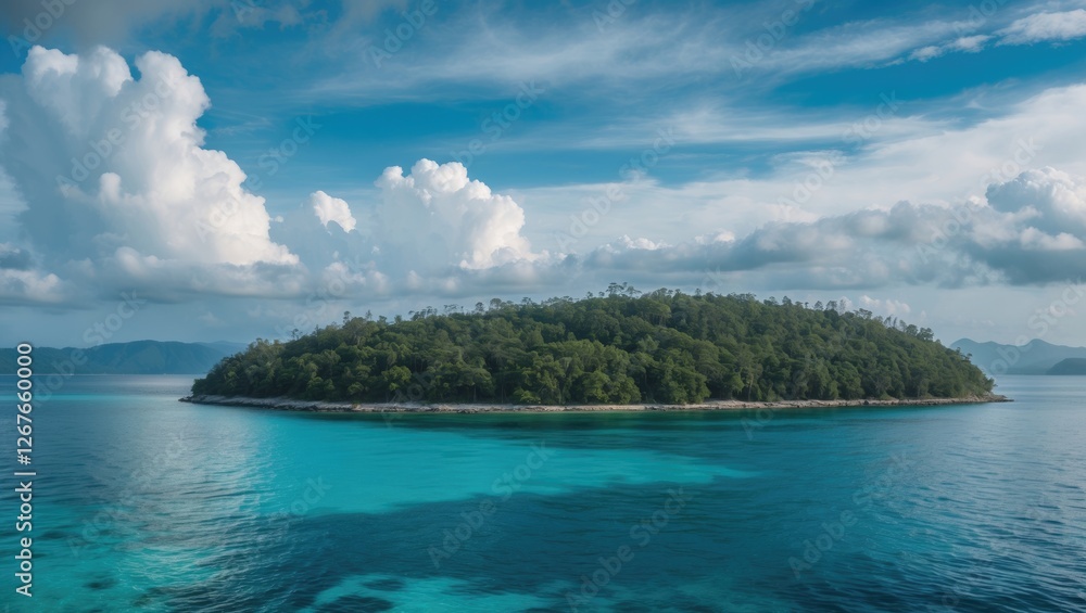Fototapeta premium Serene Island Surrounded By Clear Blue Water Under A Cloudy Sky With Space For Your Text And Creative Ideas