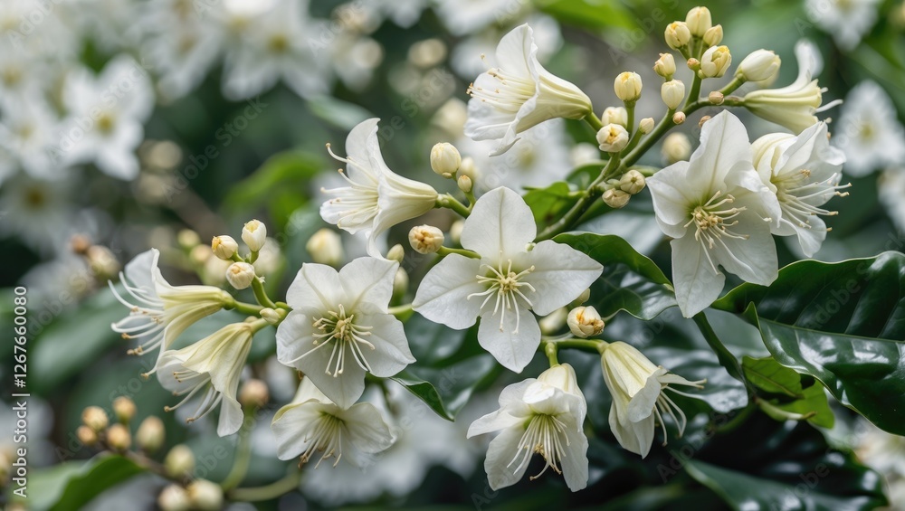 Fototapeta premium Delicate White Coffee Flowers in Bloom with Lush Green Leaves Natural Background Beauty and Aroma of Coffee Plant Blossoms