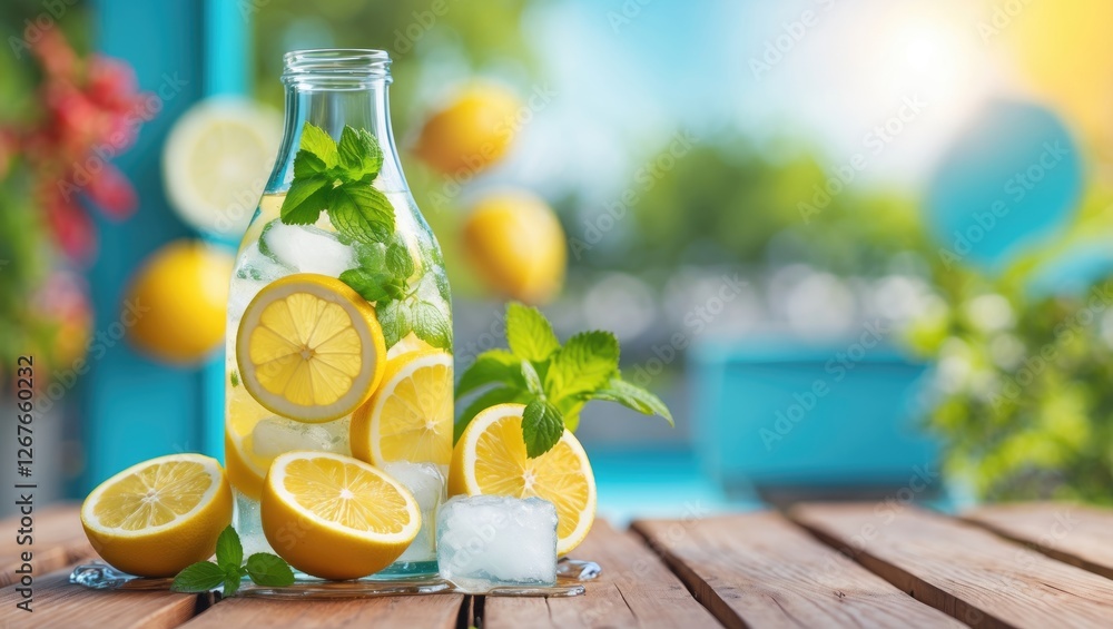 Fototapeta premium Refreshing Lemonade Infused with Fresh Fruits in a Glass Bottle Surrounded by Lemons and Mint Leaves on a Sunlit Wooden Table