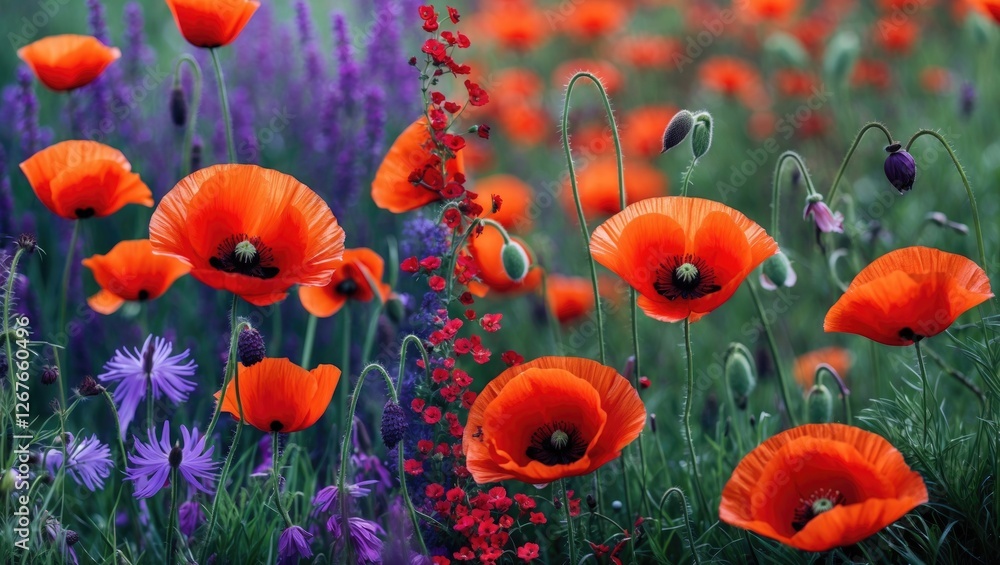 Obraz premium Vibrant red poppy flowers contrast beautifully with purple wildflowers and green grass in a stunning floral landscape scene.
