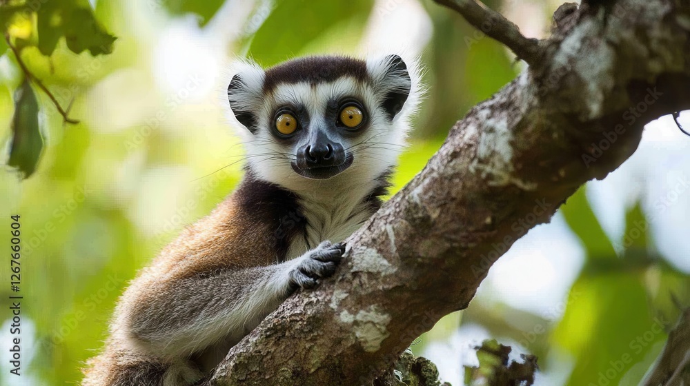 Fototapeta premium A small lemur perches gracefully on a tree branch, showcasing its unique features and natural habitat in a vibrant green environment.