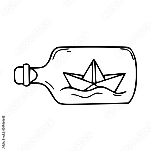 a black and white drawing of a paper boat in bottle vector