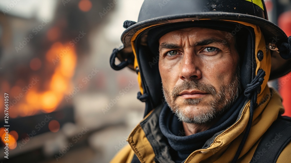Intense portrait of a firefighter, capturing the essence of bravery and heroism Intense portrait of a firefighter, capturing the essence of bravery and heroism