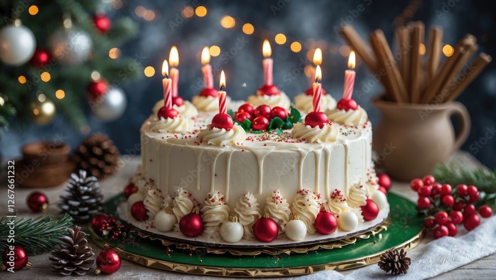 Festive Christmas Cake with Candles and Decorative Toppings Surrounded by Holiday Ornaments and Pinecones on a Charming Table Setting Festive Christmas Cake with Candles and Decorative Toppings Surrounded by Holiday Ornaments and Pinecones on a Charming Table Setting