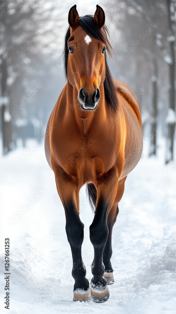 Brown horse walking through a snow-covered forest on a cold winter day Brown horse walking through a snow-covered forest on a cold winter day