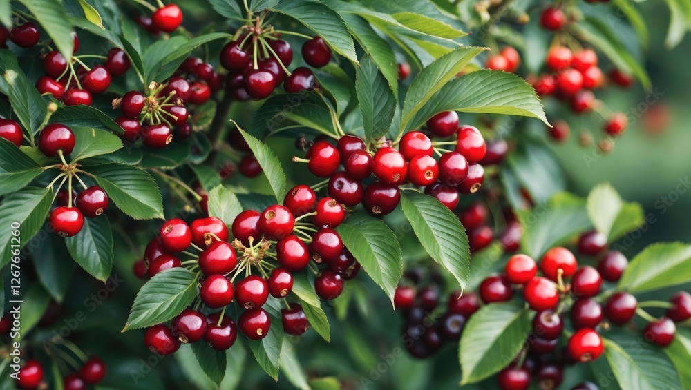 Obraz premium Cherry bush abundant with ripe berries surrounded by lush green leaves and natural background ideal for harvest-themed designs.