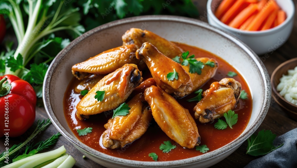 Savory Chicken Wings in Spicy Sauce Garnished with Fresh Vegetables and Herbs on Rustic Wooden Table Savory Chicken Wings in Spicy Sauce Garnished with Fresh Vegetables and Herbs on Rustic Wooden Table