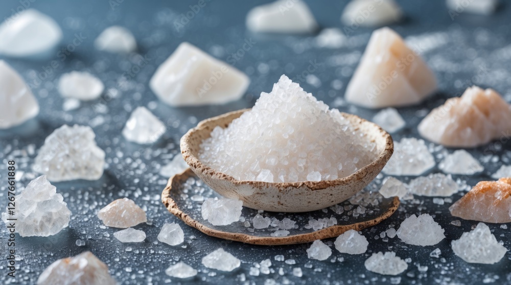 Textured background of crystallized sea salt with various shapes and sizes of salt crystals on a dark surface in a rustic dish. Textured background of crystallized sea salt with various shapes and sizes of salt crystals on a dark surface in a rustic dish.