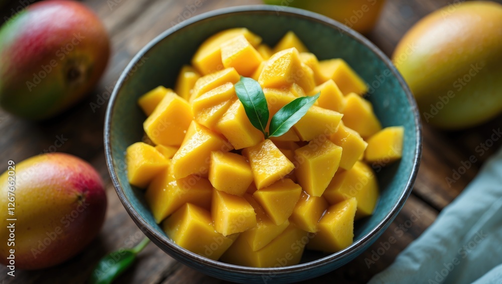 Freshly Diced Mangoes in a Bowl Surrounded by Whole Fruits on Wooden Table with Green Leaf Accent Freshly Diced Mangoes in a Bowl Surrounded by Whole Fruits on Wooden Table with Green Leaf Accent
