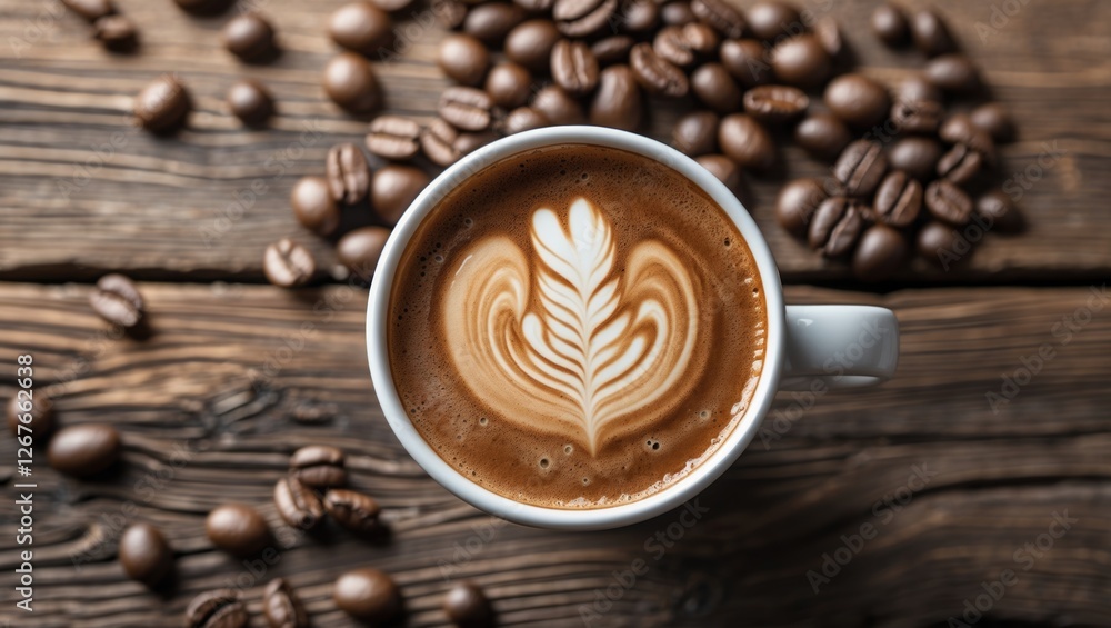 Fototapeta premium Close-up of cappuccino with latte art on a wooden surface surrounded by coffee beans showcasing rich textures and warm colors.