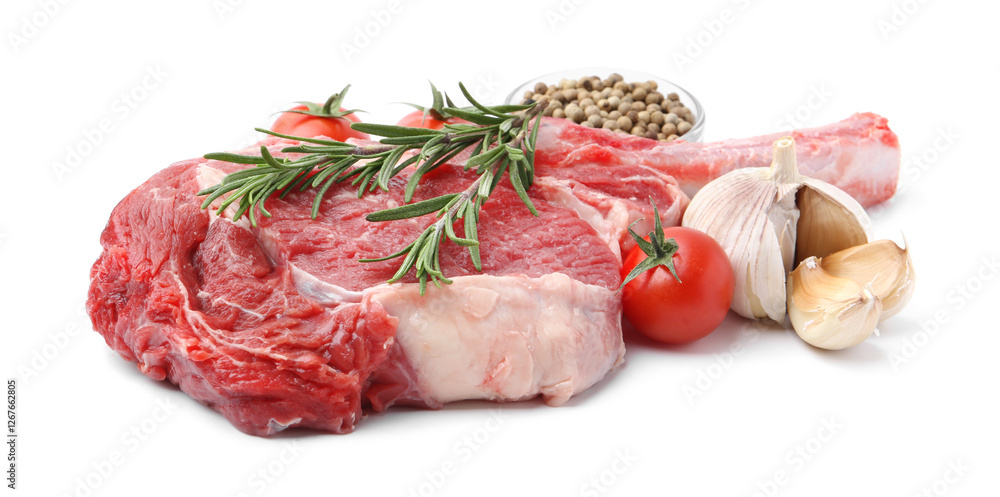 Piece of raw beef meat, spices and tomatoes isolated on white Piece of raw beef meat, spices and tomatoes isolated on white
