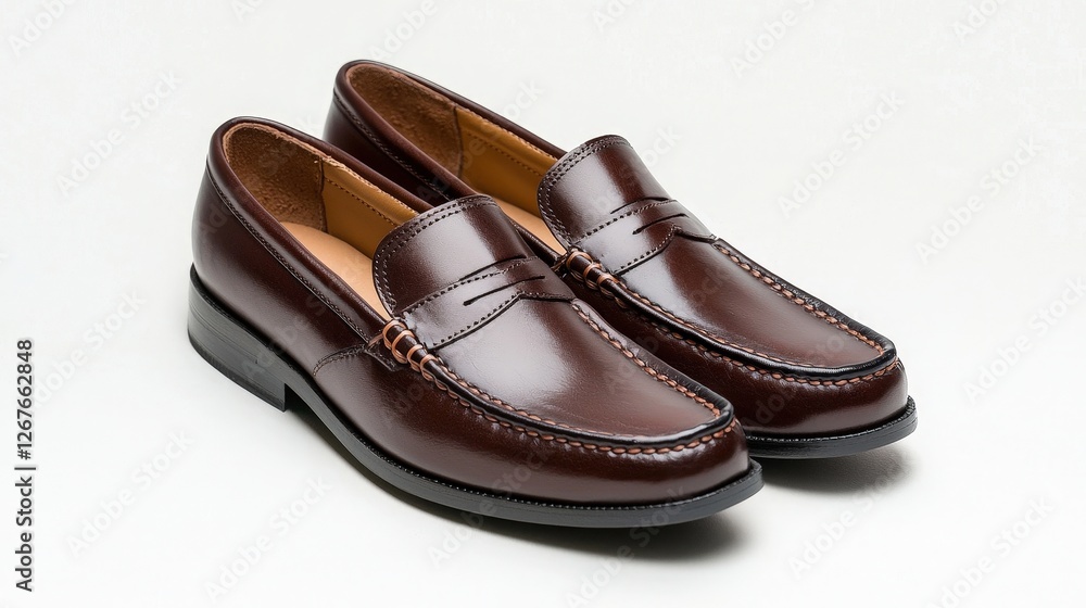 Pair of brown shoes resting on a white surface in a clean and minimalistic setting Pair of brown shoes resting on a white surface in a clean and minimalistic setting