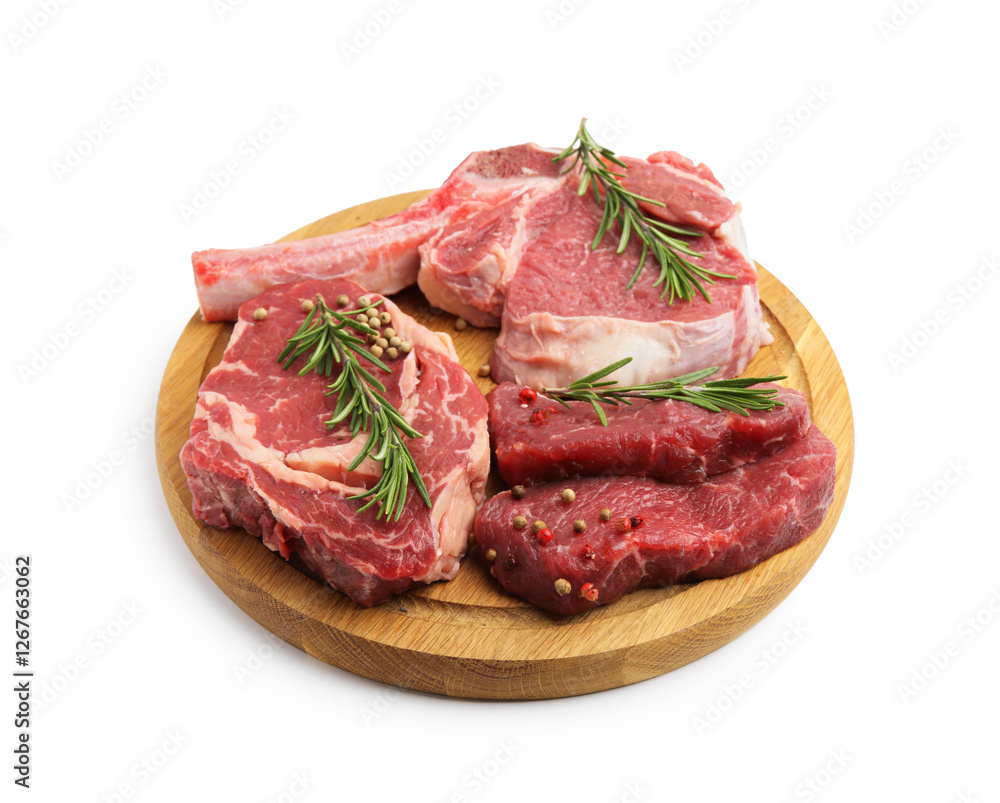 Pieces of raw beef meat and spices isolated on white Pieces of raw beef meat and spices isolated on white