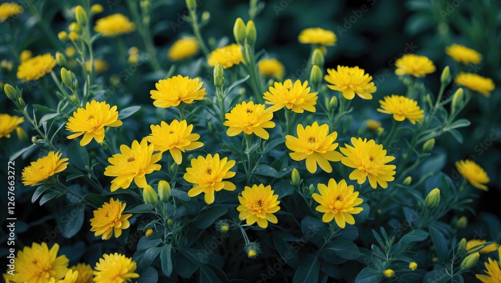 Fototapeta premium Vibrant Yellow Flowers Surrounded by Lush Green Leaves in a Serene Natural Landscape