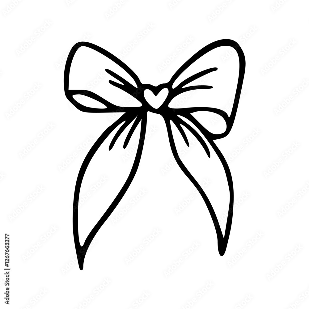 a black and white drawing of a bow with heart for design element a black and white drawing of a bow with heart for design element