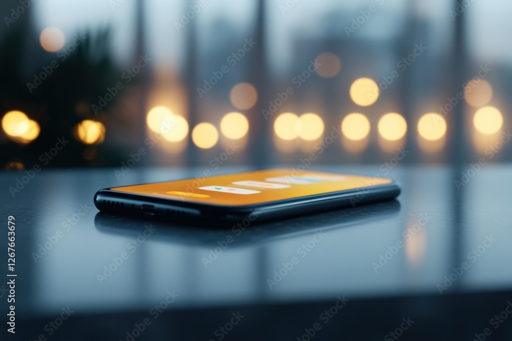 Smartphone on Table with Bokeh Lights Smartphone on Table with Bokeh Lights