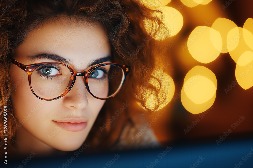 A close-up of a woman with curly hair, wearing glasses and focused on her computer screen. The warm bokeh lights in the background add a cozy atmosphere to the image. A close-up of a woman with curly hair, wearing glasses and focused on her computer screen. The warm bokeh lights in the background add a cozy atmosphere to the image.