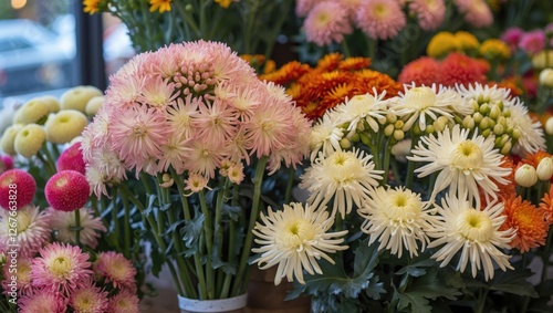 Vibrant Display of Chrysanthemums and Disbuds at a Florist Shop with Colorful Blooms and Fresh Greenery photo