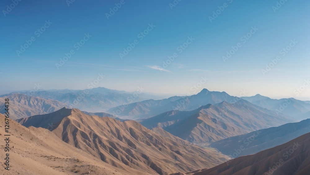 Naklejka premium Distant Mountain Ranges With Clear Blue Skies And Hazy Horizons Ideal For Text Inscriptions And Outdoor Adventure Promotions