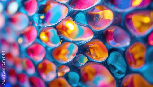 Vibrant abstract texture showcasing colorful reflections through textured polycarbonate material in striking hues of blue, orange, and pink.