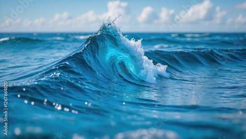 Vivid Close-Up of a Blue Ocean Wave with Crystal Clear Water Perfect for Background Images and Text Display