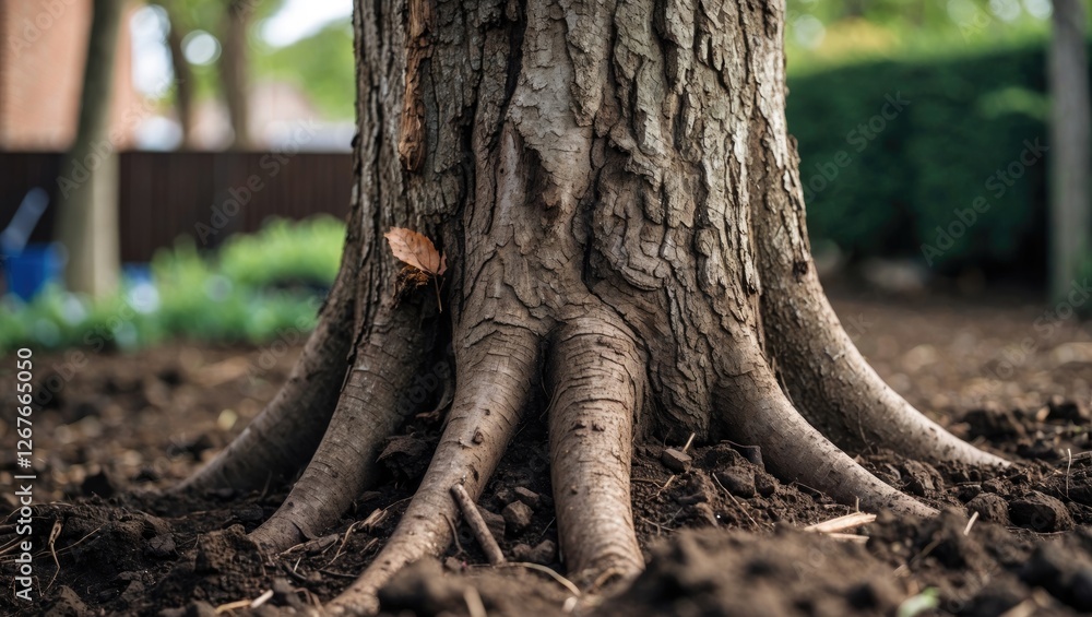 Detailed Close-Up of Tree Trunk and Roots Emerging from Soil in Backyard Garden Setting Highlighting Natural Texture and Earthy Decor. Detailed Close-Up of Tree Trunk and Roots Emerging from Soil in Backyard Garden Setting Highlighting Natural Texture and Earthy Decor.