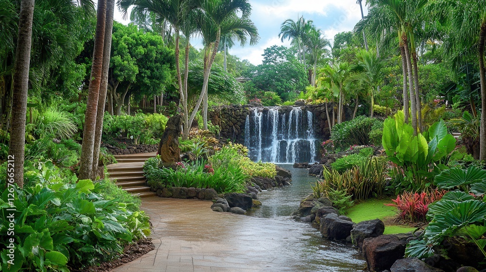 A serene waterfall cascades through a lush tropical garden, surrounded by vibrant foliage and exotic plants, creating a tranquil natural oasis. A serene waterfall cascades through a lush tropical garden, surrounded by vibrant foliage and exotic plants, creating a tranquil natural oasis.