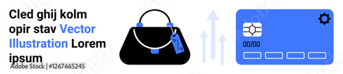 Handbag, blue payment card with gear icon, and upward arrows denoting growth. Ideal for shopping, online payments, e-commerce, retail, consumer goods, financial tech flat landing page banner