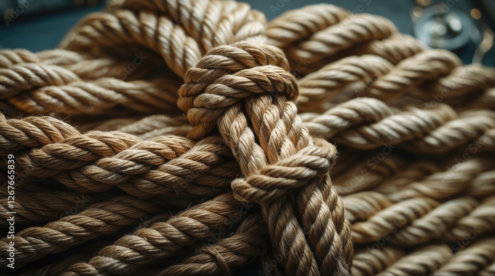 Braided thick hemp rope arranged in a skein for decorative design with a background of additional fishing rope elements. Braided thick hemp rope arranged in a skein for decorative design with a background of additional fishing rope elements.