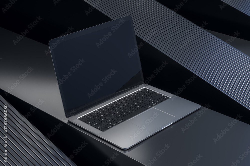 Sleek modern laptop with black screen on a stylish dark abstract background. 3D Rendering