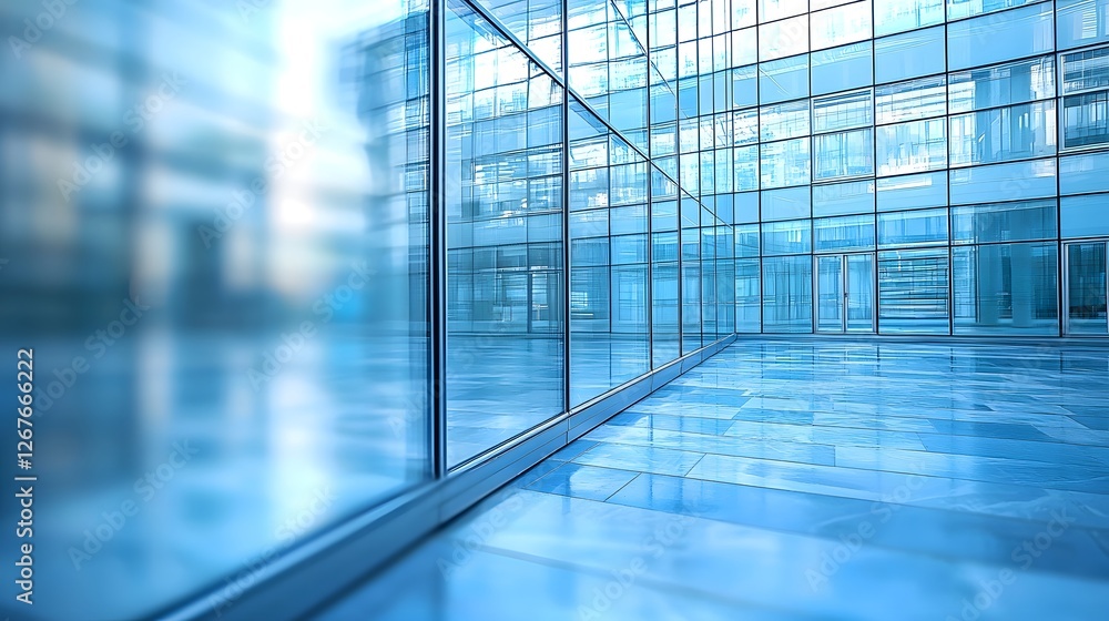 Blurred Glass Wall in Modern Corporate Building with Cityscape View Blurred Glass Wall in Modern Corporate Building with Cityscape View