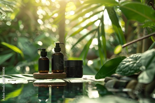 A set of Aroma spa product containers mockup on a natural background with green leaves and sunlight