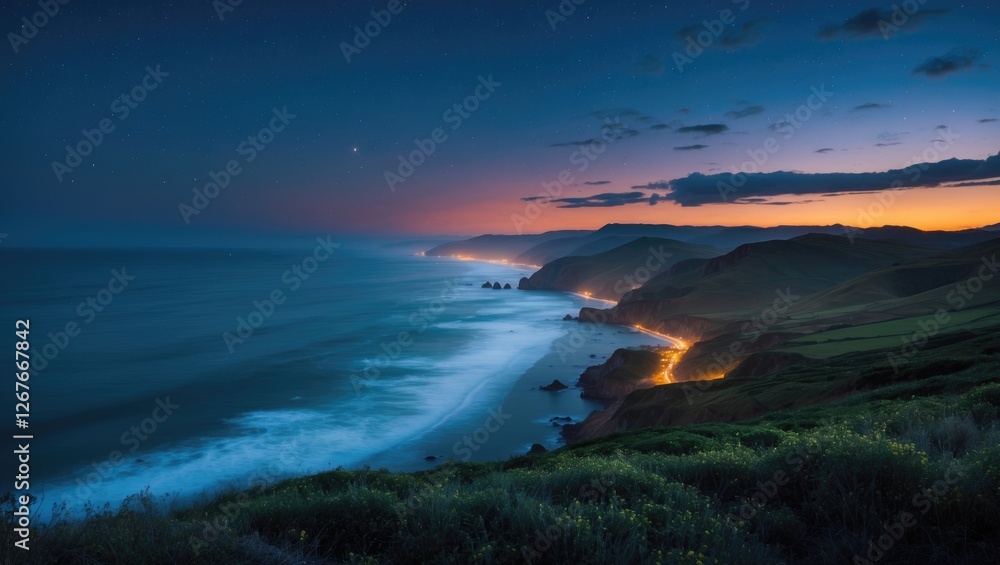 Nighttime Coastal Landscape with Ocean Waves and Illuminated Shoreline at Dawn Nighttime Coastal Landscape with Ocean Waves and Illuminated Shoreline at Dawn