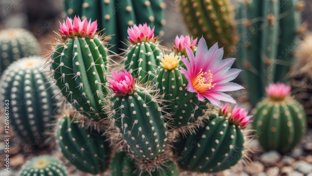 Colorful Cactus Flowers in Bloom with Macro Detail Showcasing Spines and Petals in Desert Landscape Environment Colorful Cactus Flowers in Bloom with Macro Detail Showcasing Spines and Petals in Desert Landscape Environment