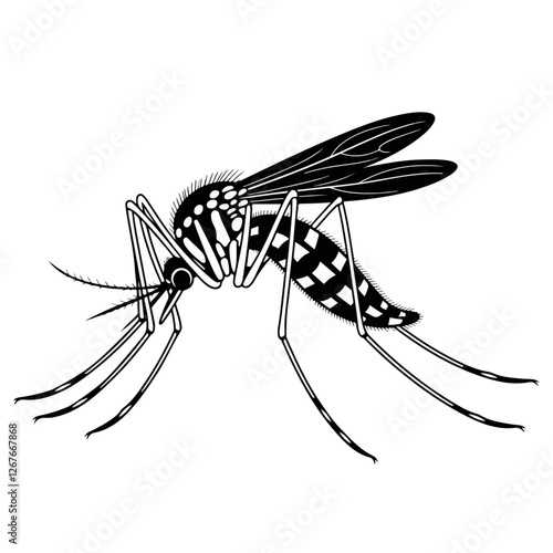 Black and white mosquito icon symbolizing insect pest bloodsucker malaria dengue virus disease carrier health risk biology environment and epidemiology in vector illustration