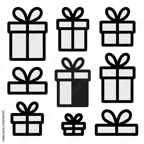 Black and white gift boxes icon symbolizing celebration present holiday surprise festive joy wrapping birthday anniversary Christmas party and special occasion gifting in vector design