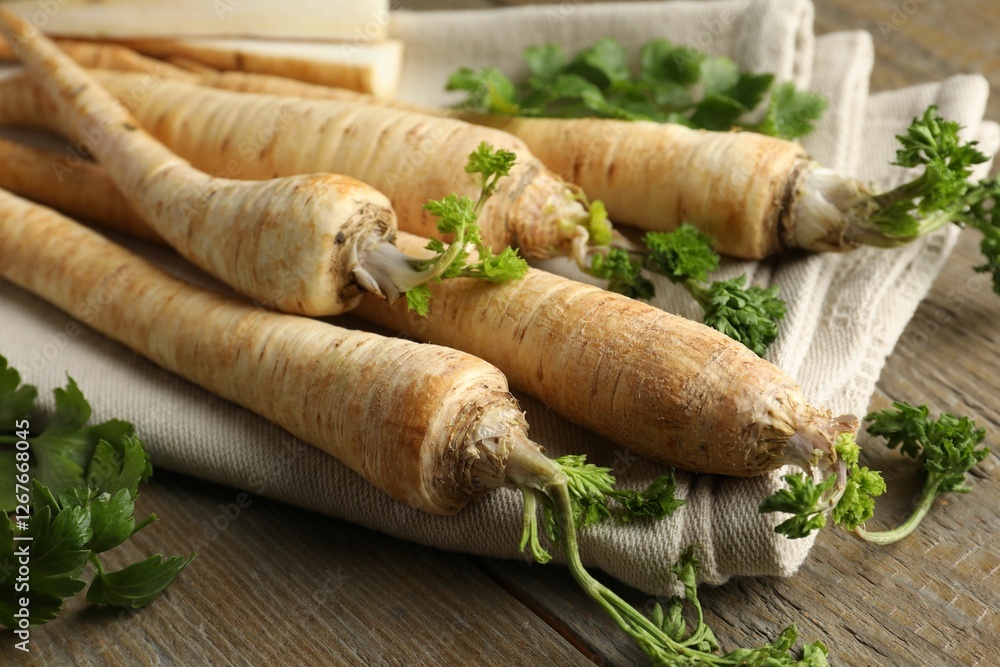 Raw parsley roots with leaves on wooden table, closeup Raw parsley roots with leaves on wooden table, closeup