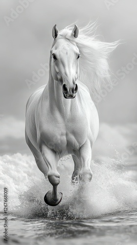 Majestic white horse gallops through the waves on a cloudy day at the beach photo