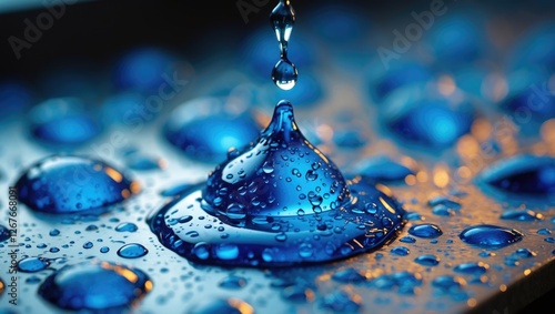 Close-up of vibrant blue water droplets on a metallic surface reflecting light with a soft blurred background