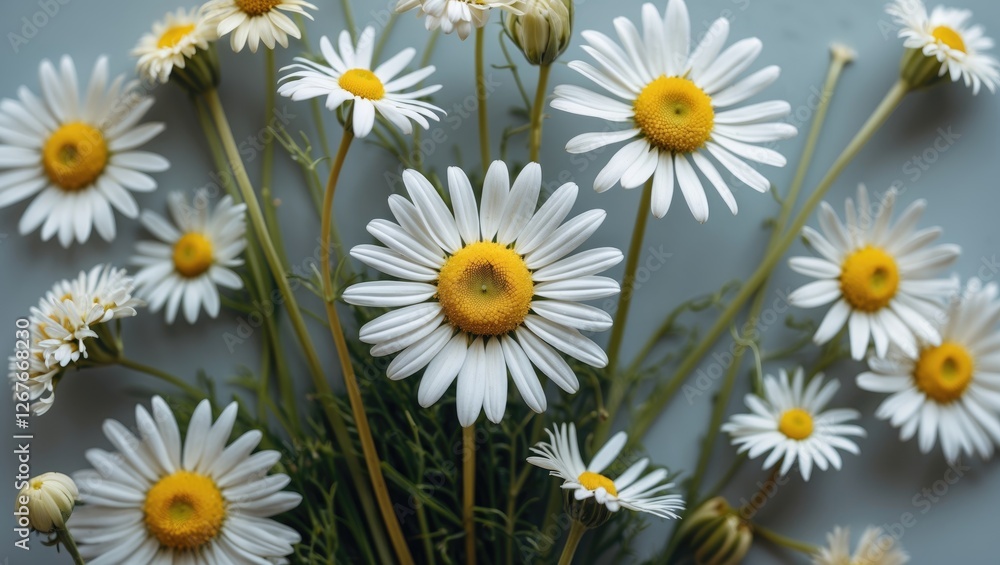 Fototapeta premium Fresh White Daisies Bundle on Soft Background Ideal for Floral Designs and Copy Space for Text or Creative Use