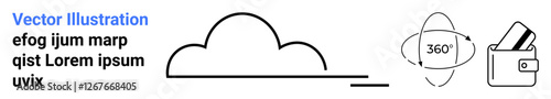 Cloud icon, rotating 360-degree symbol, wallet with credit card. Ideal for technology, security, data storage, cloud services, digital payment cybersecurity online banking. Landing page